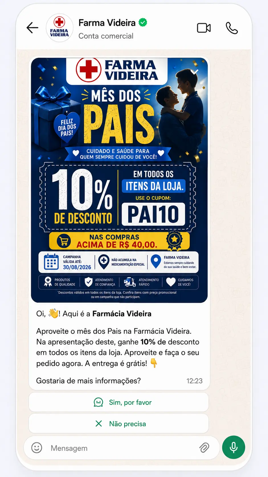 Campanha real enviada no WhatsApp de uma farmácia atendida