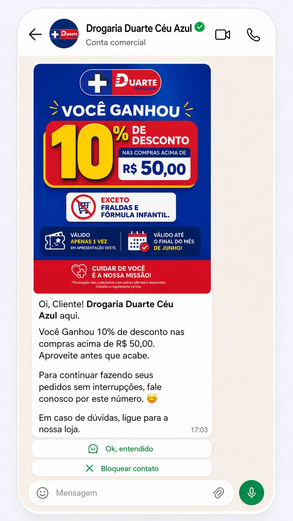 Campanha real enviada no WhatsApp de uma farmácia atendida