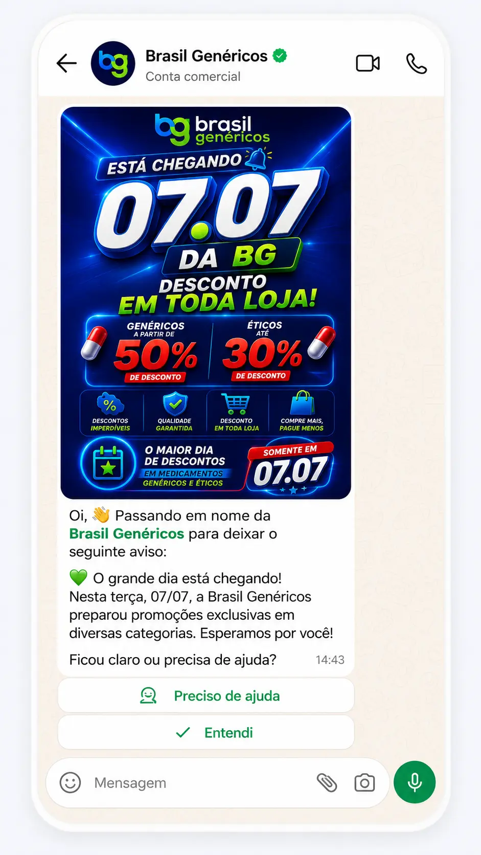 Campanha real enviada no WhatsApp de uma farmácia atendida
