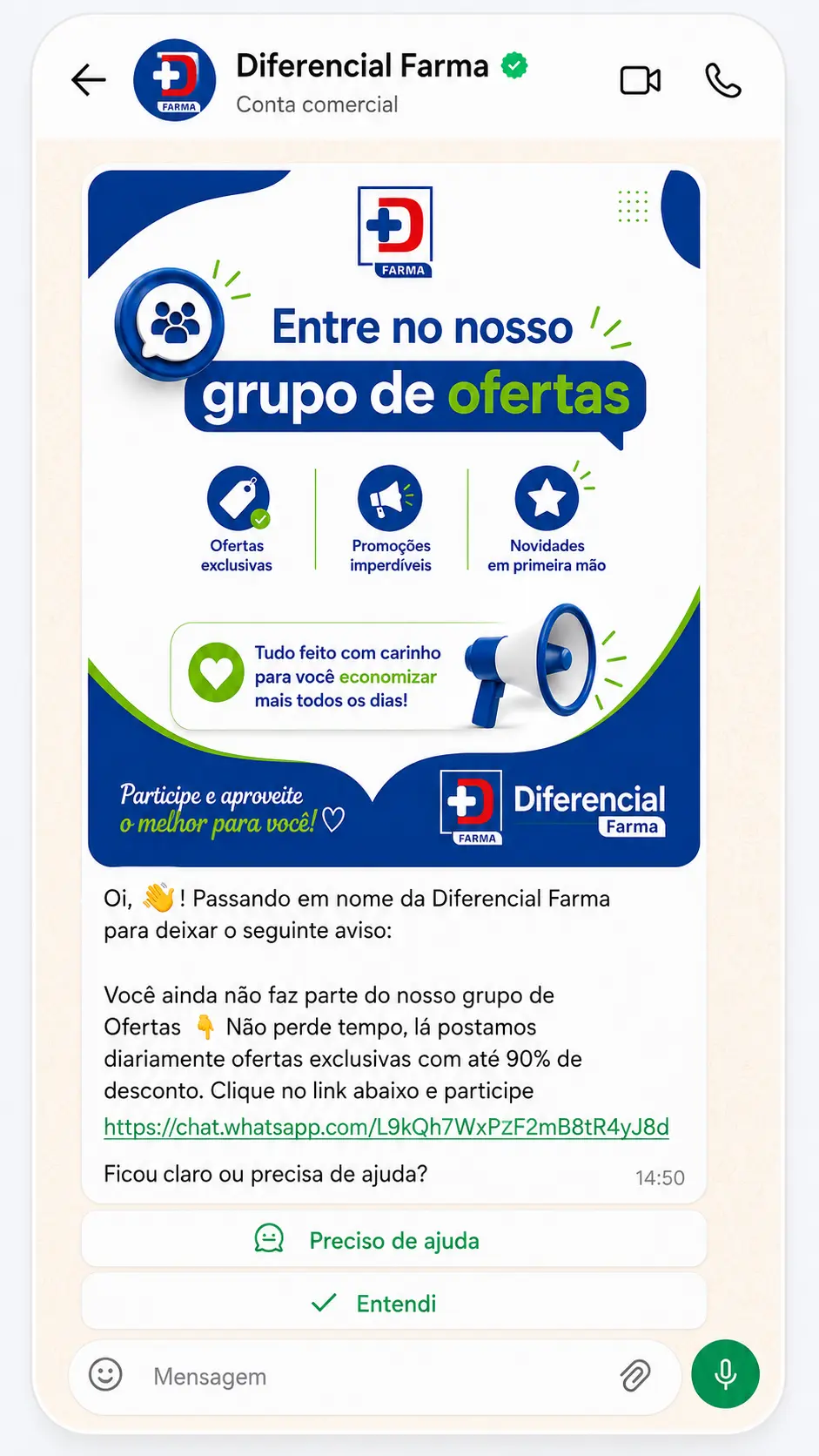 Campanha real enviada no WhatsApp de uma farmácia atendida