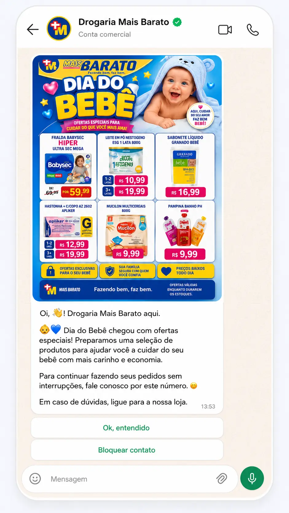 Campanha real enviada no WhatsApp de uma farmácia atendida