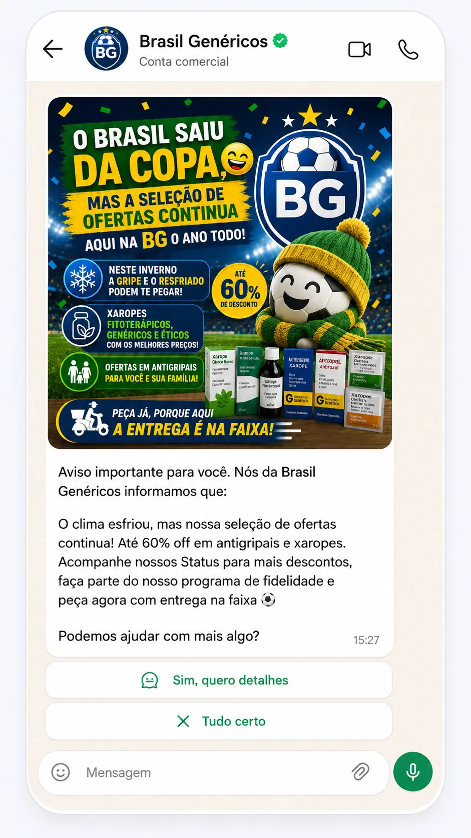 Campanha real enviada no WhatsApp de uma farmácia atendida