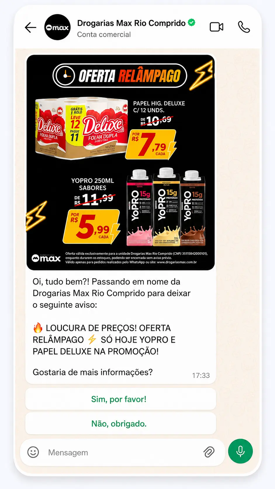 Campanha real enviada no WhatsApp de uma farmácia atendida