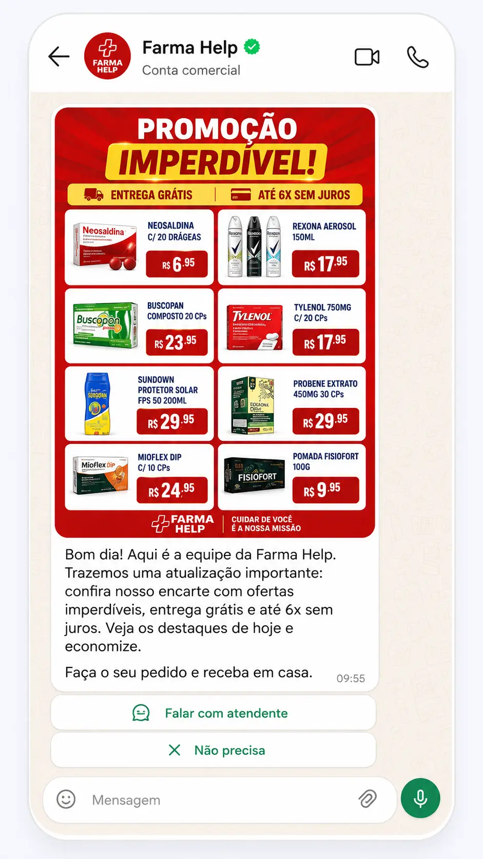 Campanha real enviada no WhatsApp de uma farmácia atendida